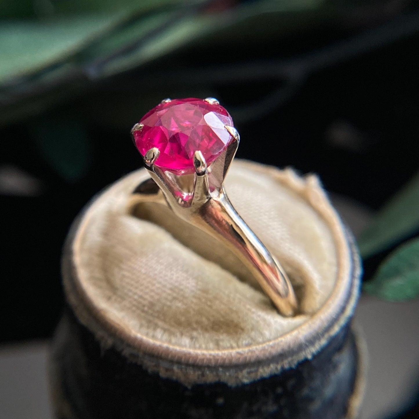 Vintage 14k Gold Two Tone Lab Grown Ruby High Profile Solitaire Ring | Size 5