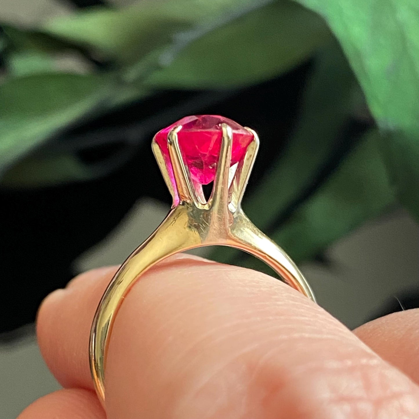 Vintage 14k Gold Two Tone Lab Grown Ruby High Profile Solitaire Ring | Size 5