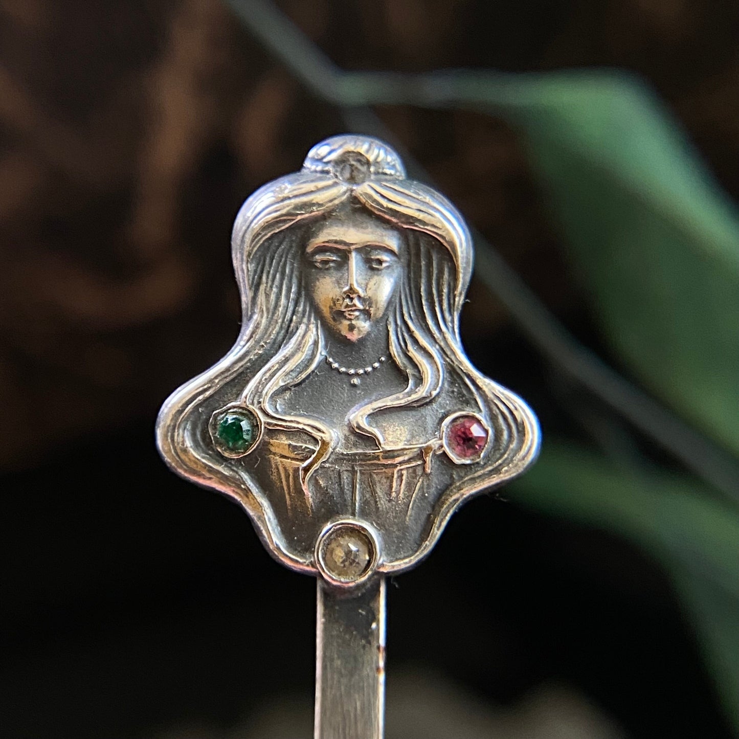 Antique Art Nouveau Maiden Paste & Marcasite Silver Plate Long Brooch Pin