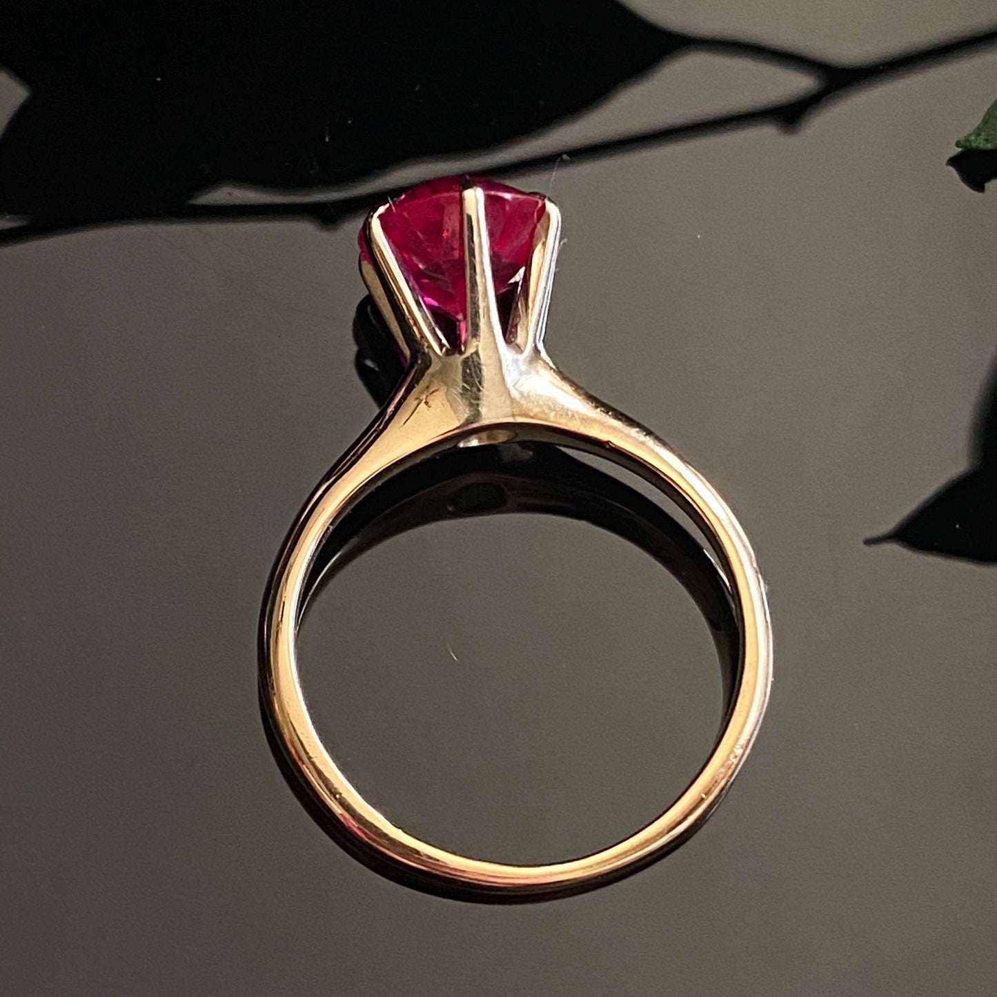 Vintage 14k Gold Two Tone Lab Grown Ruby High Profile Solitaire Ring | Size 5