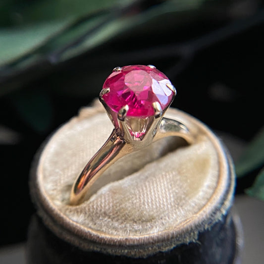 Vintage 14k Gold Two Tone Lab Grown Ruby High Profile Solitaire Ring | Size 5