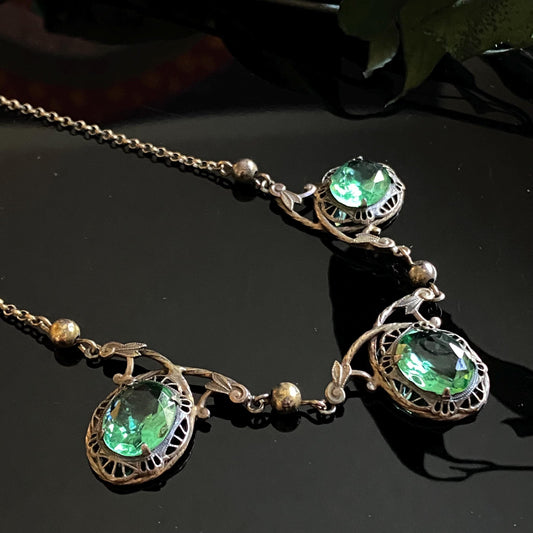 Vintage Gold Filled Foliage & Filigree Green Glass Necklace 18”