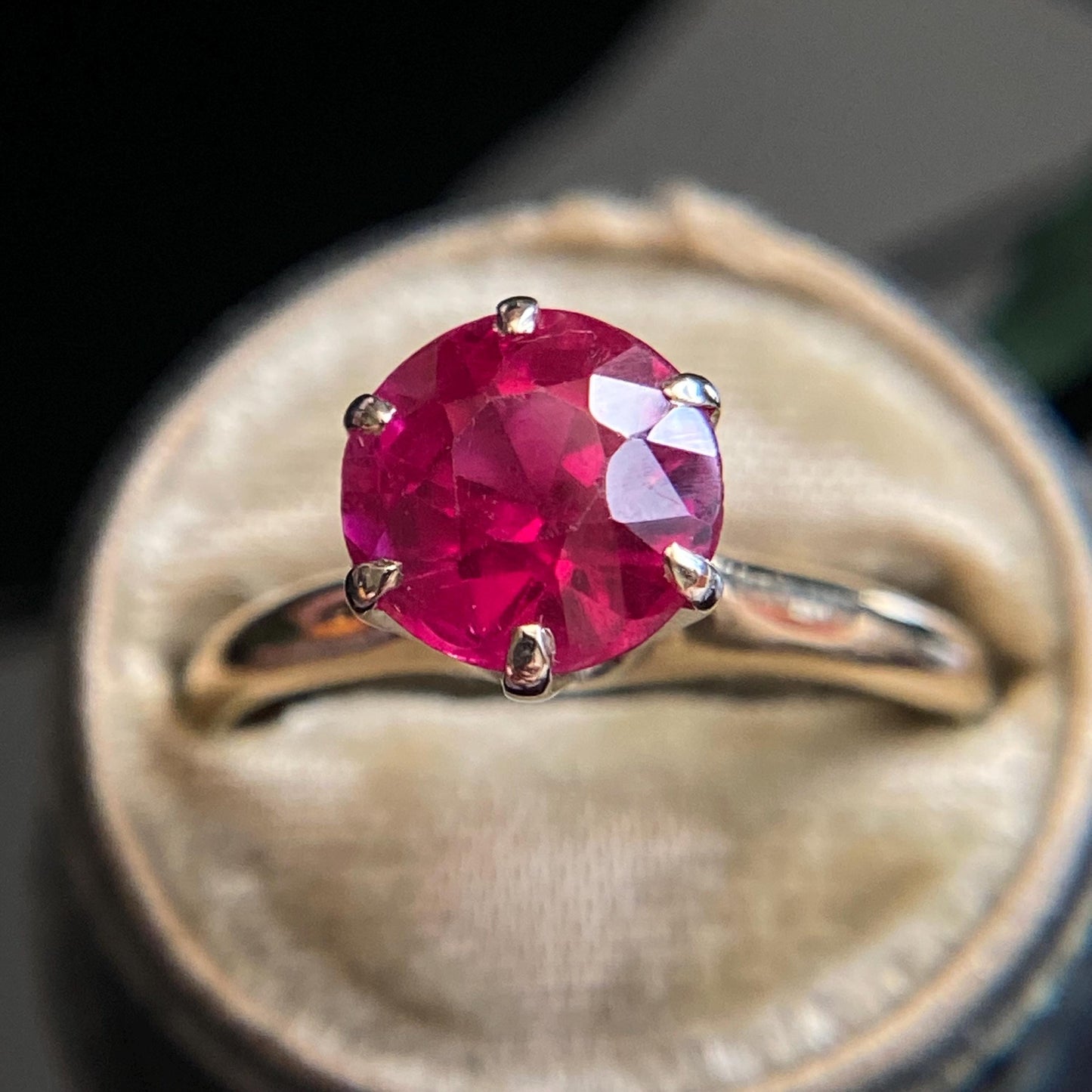 Vintage 14k Gold Two Tone Lab Grown Ruby High Profile Solitaire Ring | Size 5