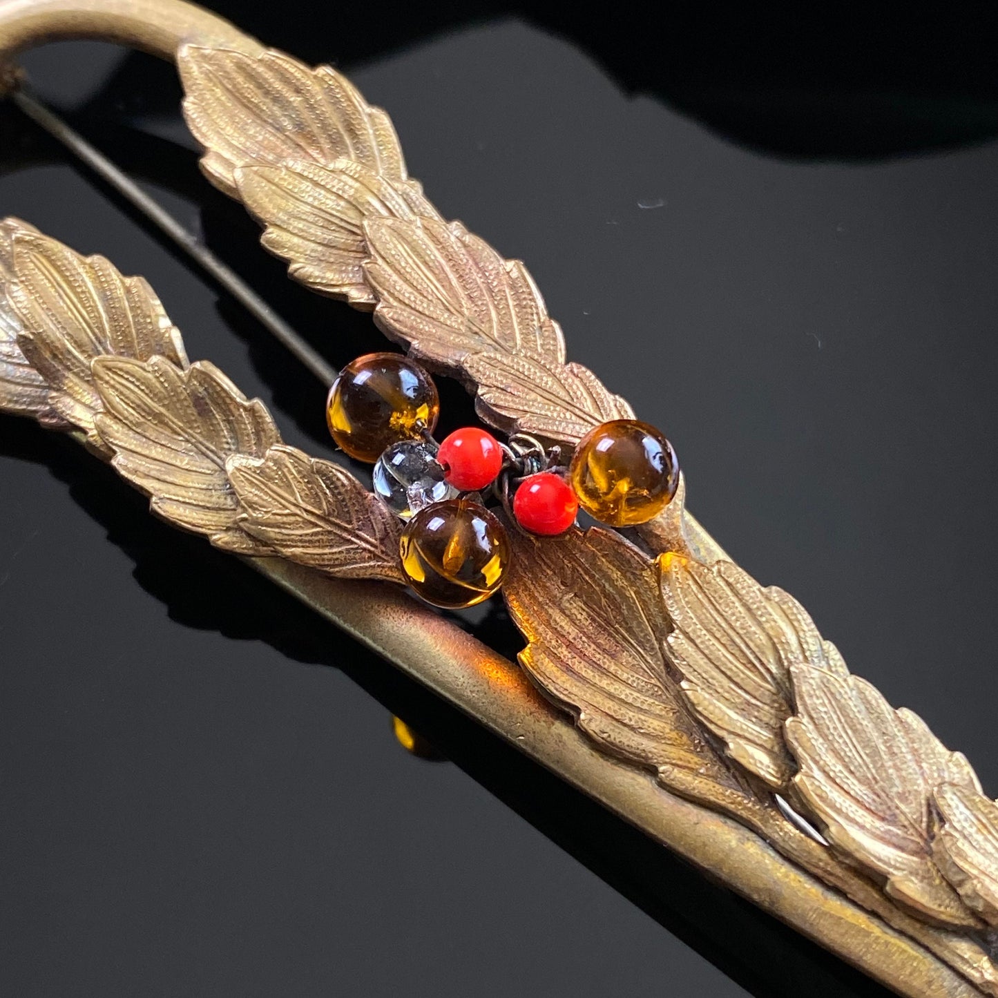 Vintage Art Nouveau Brass & Glass Bead Fall Foliage Brooch