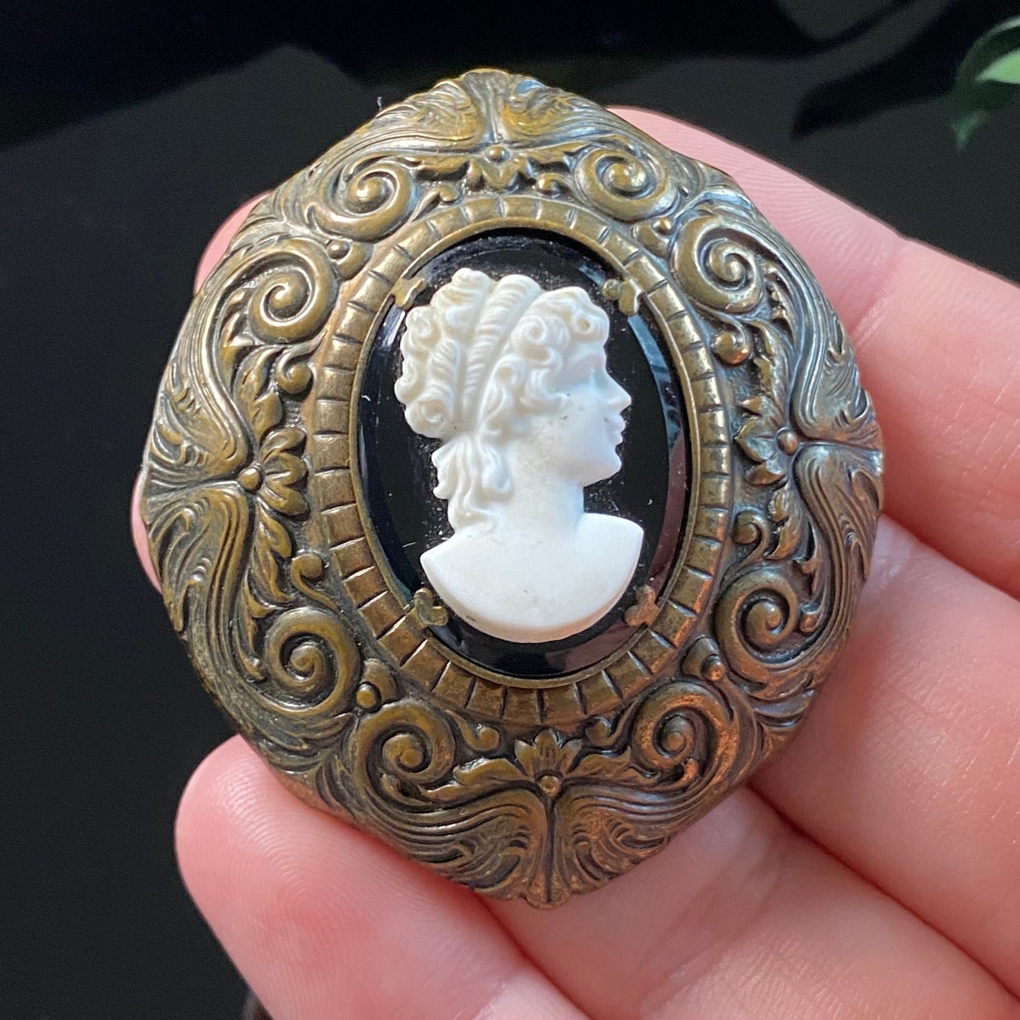 Vintage White & Black Glass Cameo Fur Clip