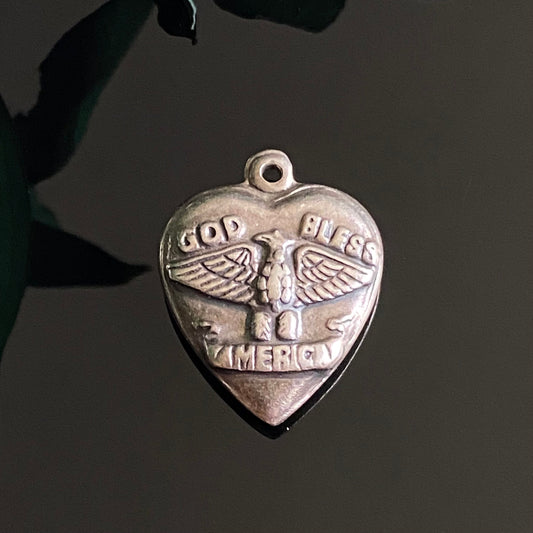 Vintage Sterling Silver God Bless America Repousse Eagle Puffy Heart Charm Pendant