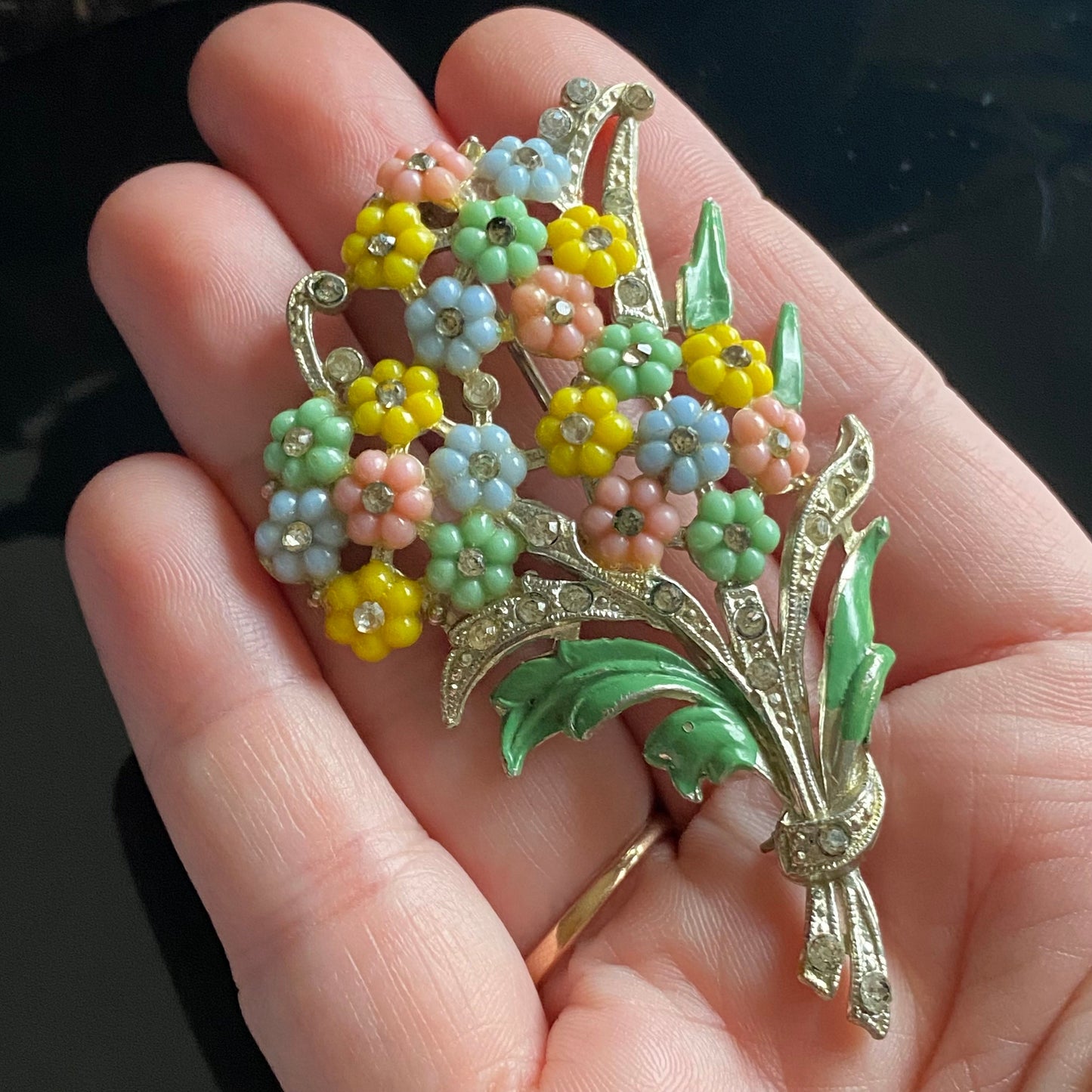 Retro Vintage 1940s Pot Metal Enamel Rhinestone Pastel Flower Bouquet Spray Brooch