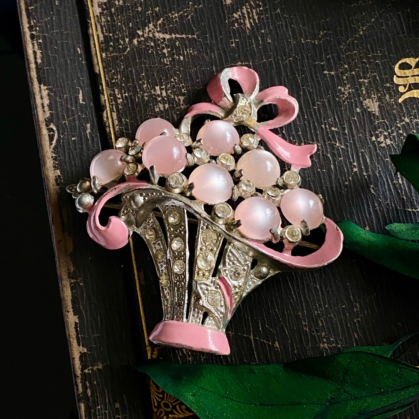 Vintage Pot Metal Pink Enamel Rhinestone Lucite Moonglow Bouquet Brooch Retro 1940s