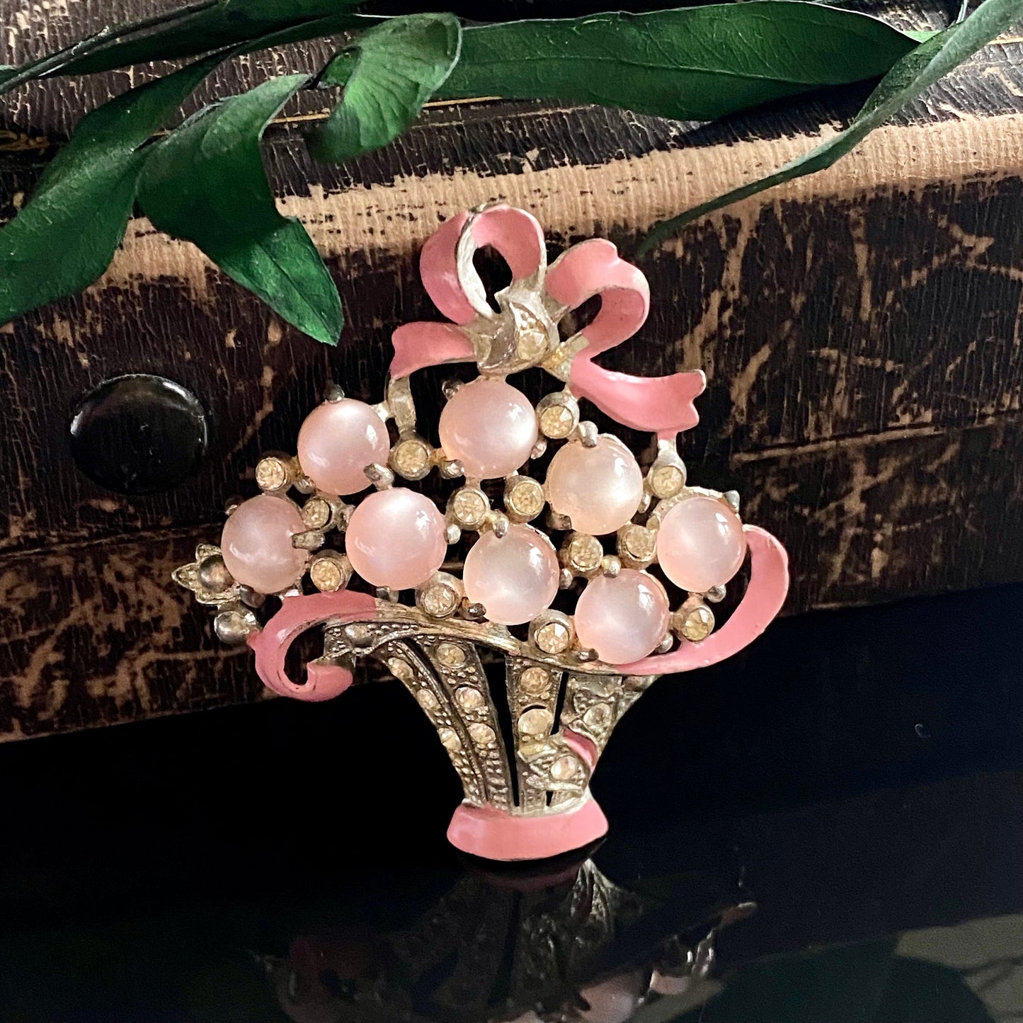 Vintage Pot Metal Pink Enamel Rhinestone Lucite Moonglow Bouquet Brooch Retro 1940s