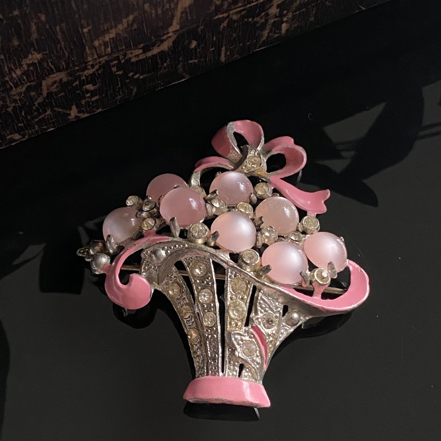 Vintage Pot Metal Pink Enamel Rhinestone Lucite Moonglow Bouquet Brooch Retro 1940s