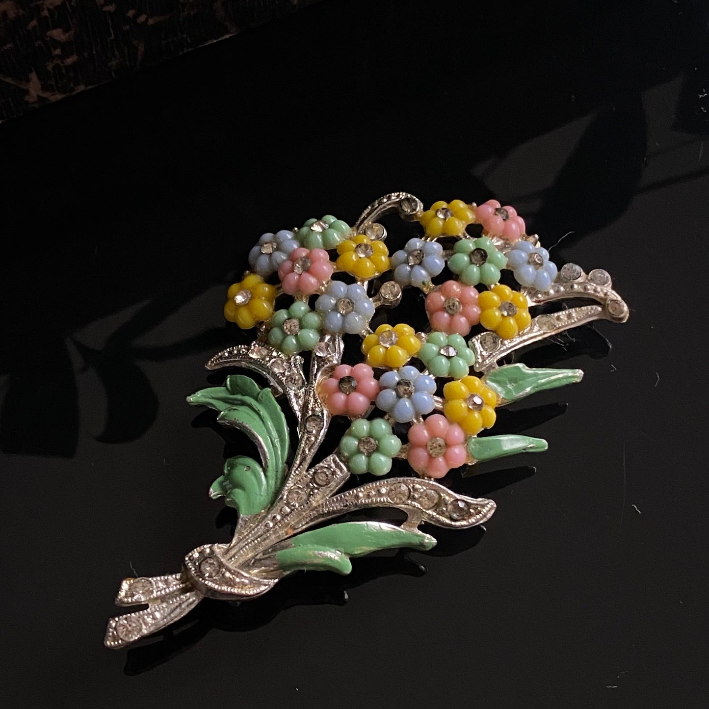 Retro Vintage 1940s Pot Metal Enamel Rhinestone Pastel Flower Bouquet Spray Brooch