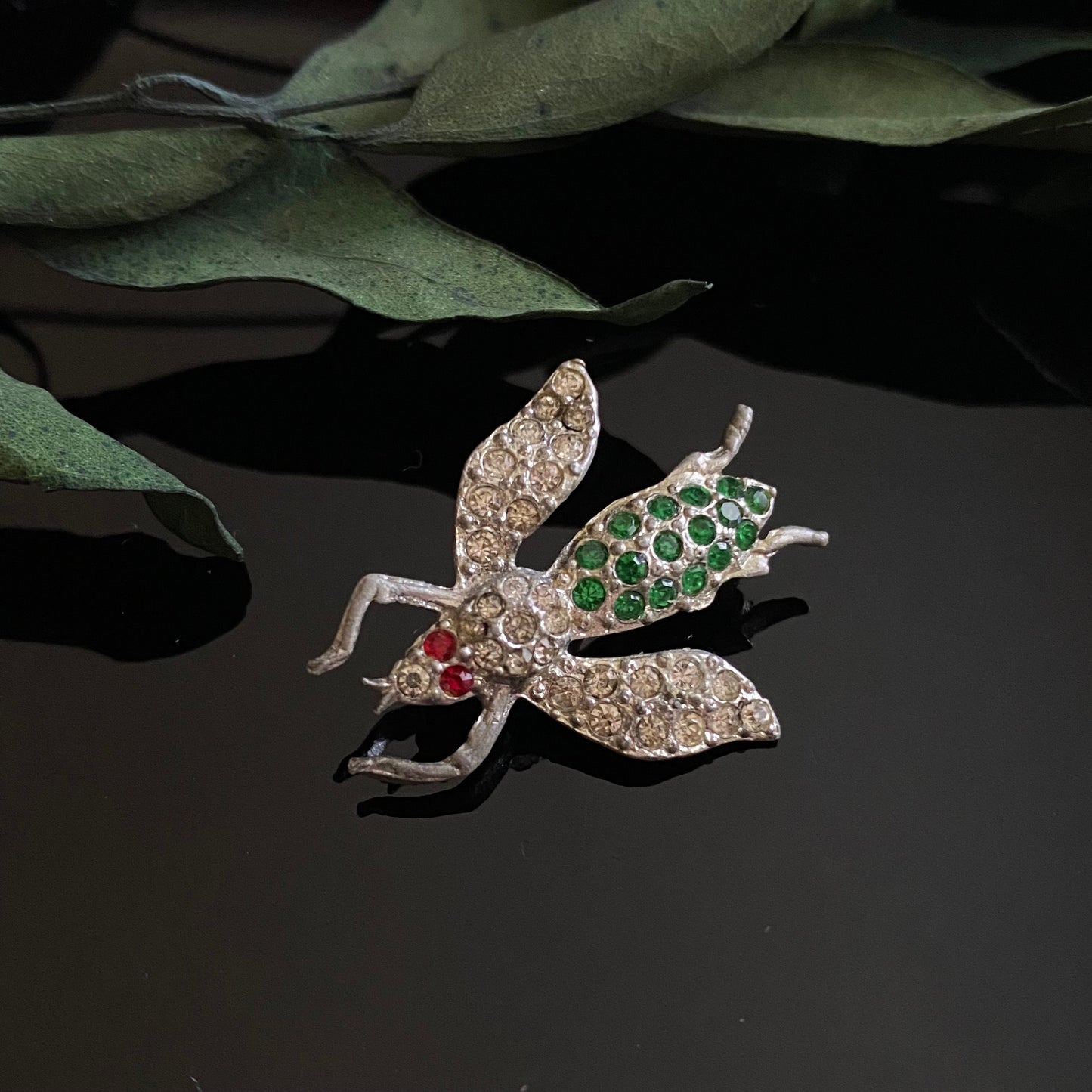 Vintage Pot Metal Green Rhinestone Fly Insect Brooch