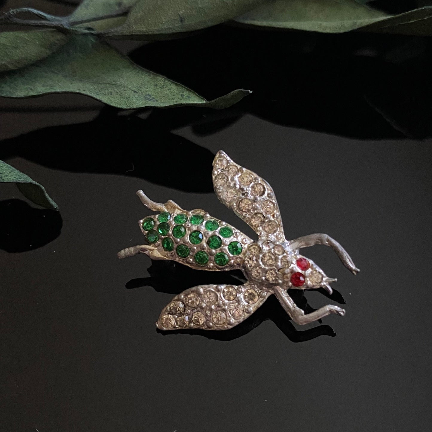 Vintage Pot Metal Green Rhinestone Fly Insect Brooch