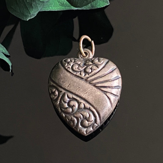 Vintage Sterling Silver Repousse Scroll Puffy Heart Charm Pendant