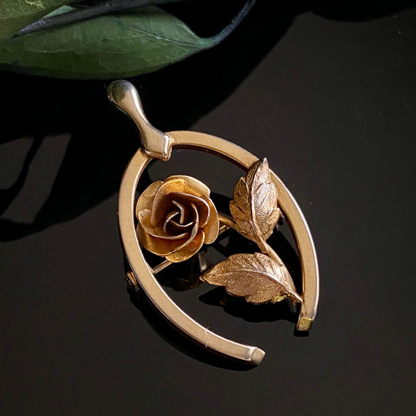 Vintage Rolled Gold Rose Flower Lucky Wishbone Pin Brooch