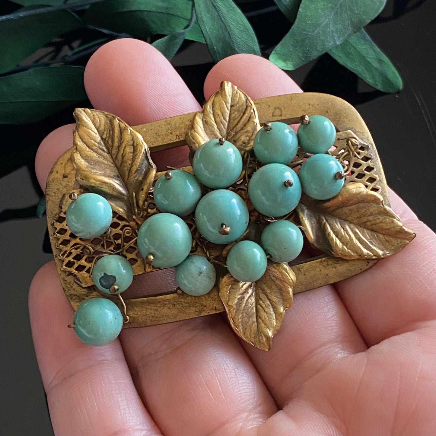 Antique Vintage Turquoise Glass Bead Leaves Brooch