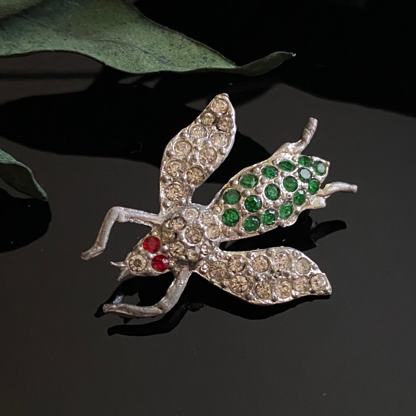 Vintage Pot Metal Green Rhinestone Fly Insect Brooch