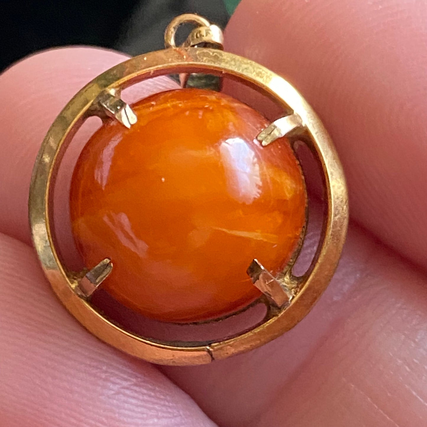 Vintage Gold Filled Round Amber Cabochon Pendant | Amber Guild | 1940s-1950s