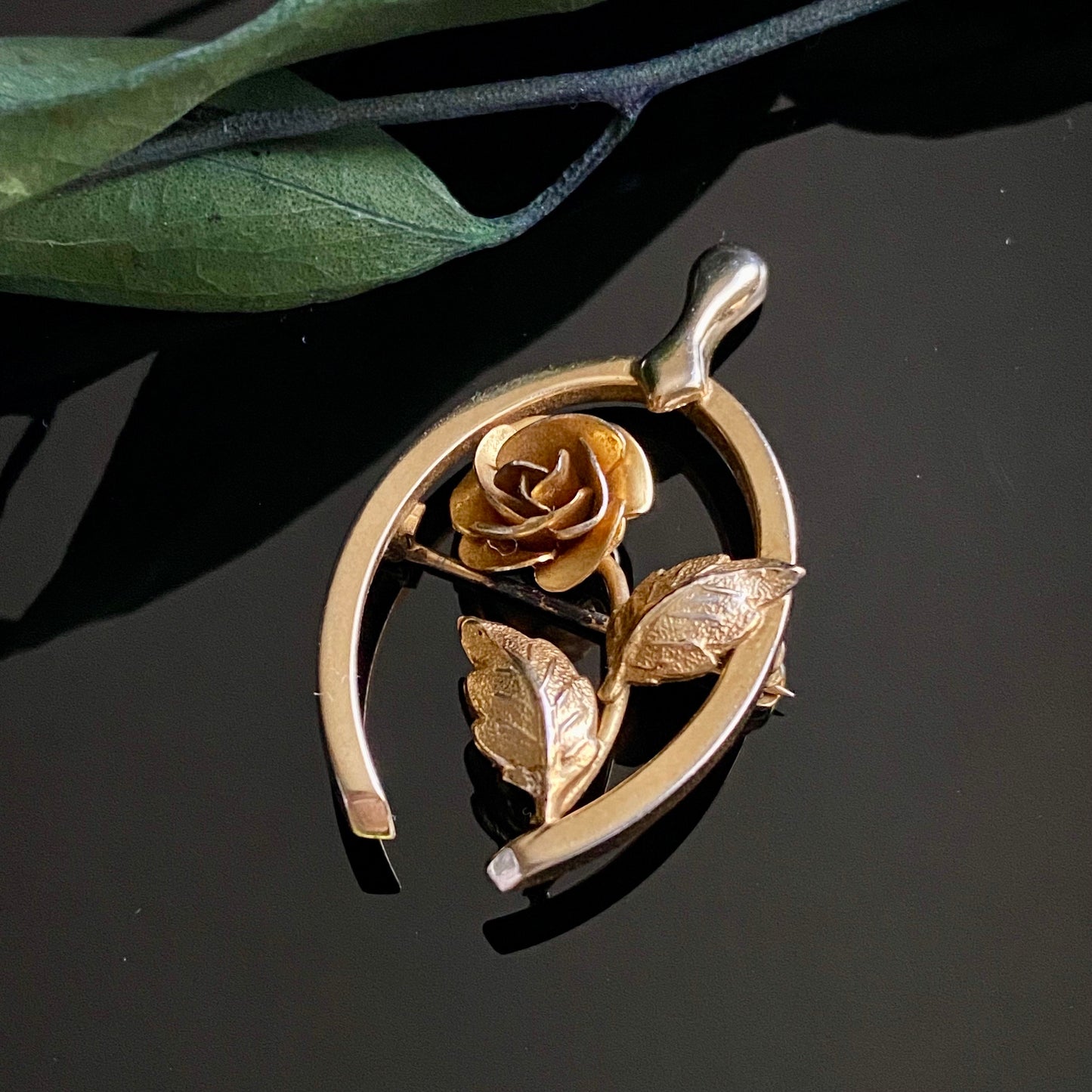 Vintage Rolled Gold Rose Flower Lucky Wishbone Pin Brooch