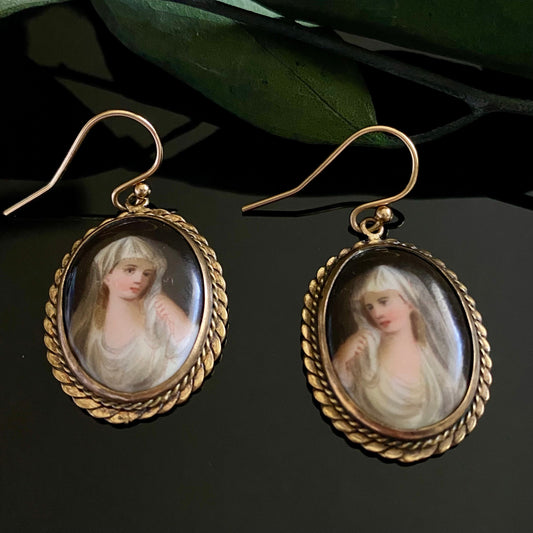 Antique Victorian Enamel Miniature Portrait of Woman in Veil Earrings