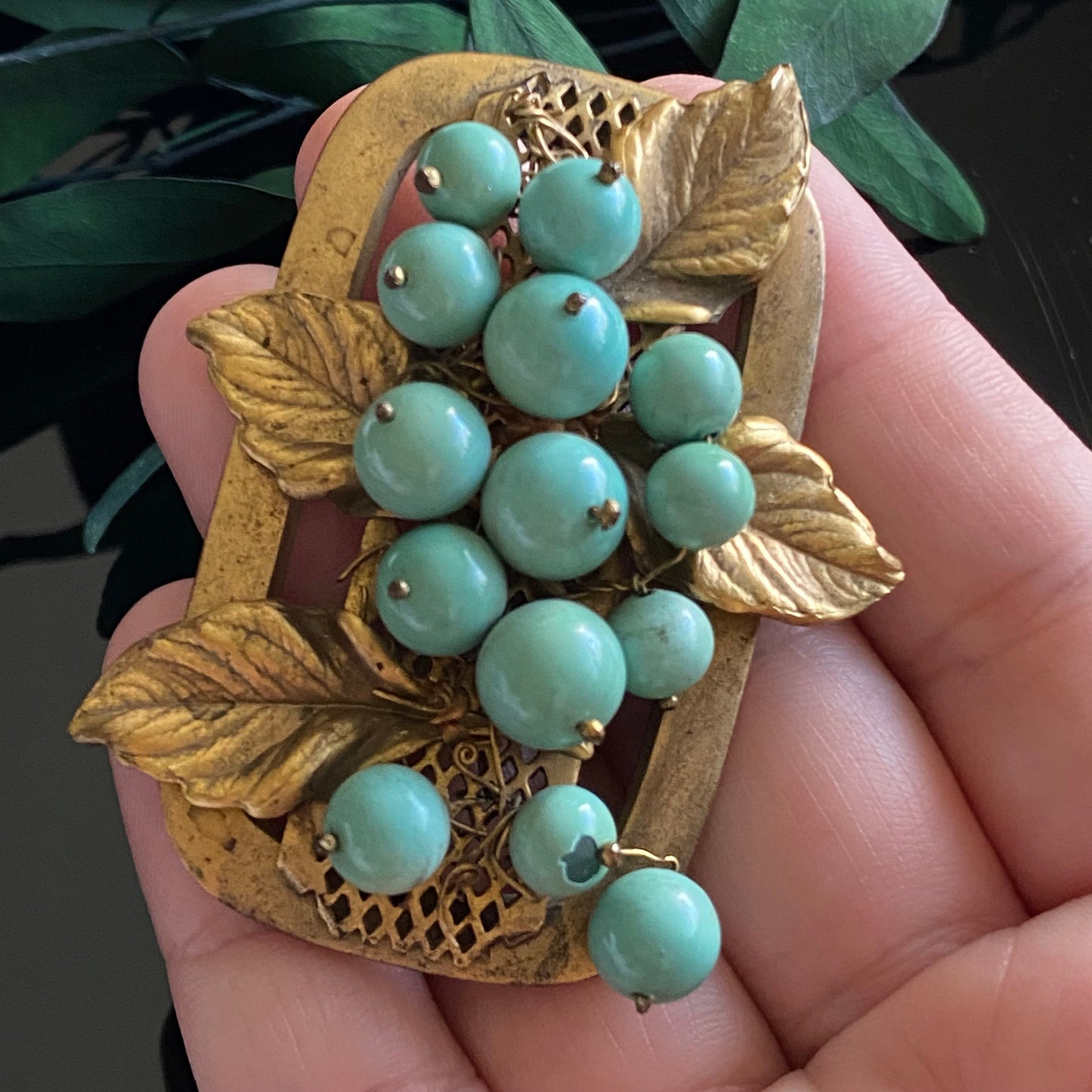 Antique Vintage Turquoise Glass Bead Leaves Brooch