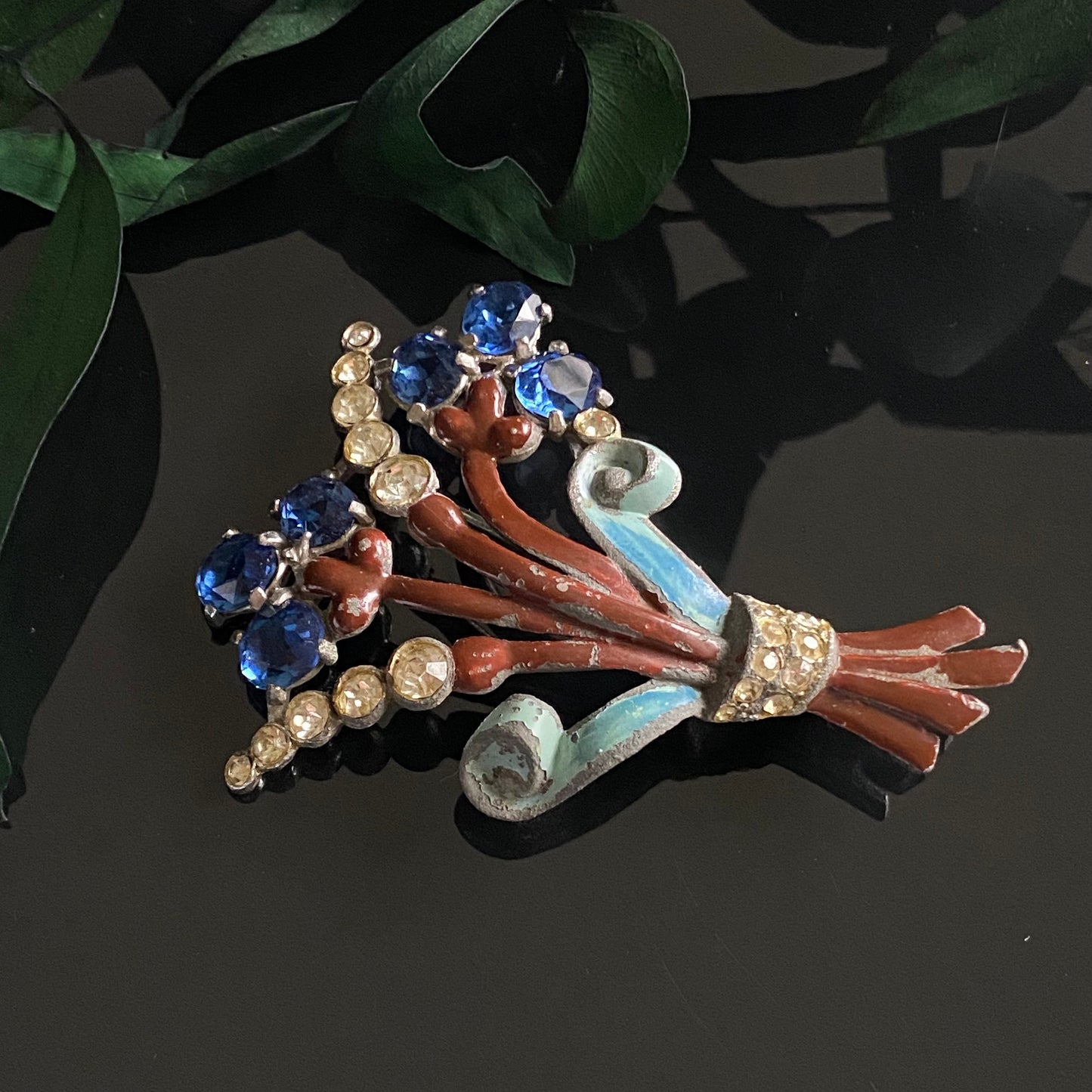 Retro Vintage 1940s Pot Metal Blue & Brown Enamel Rhinestone Flower Spray Brooch