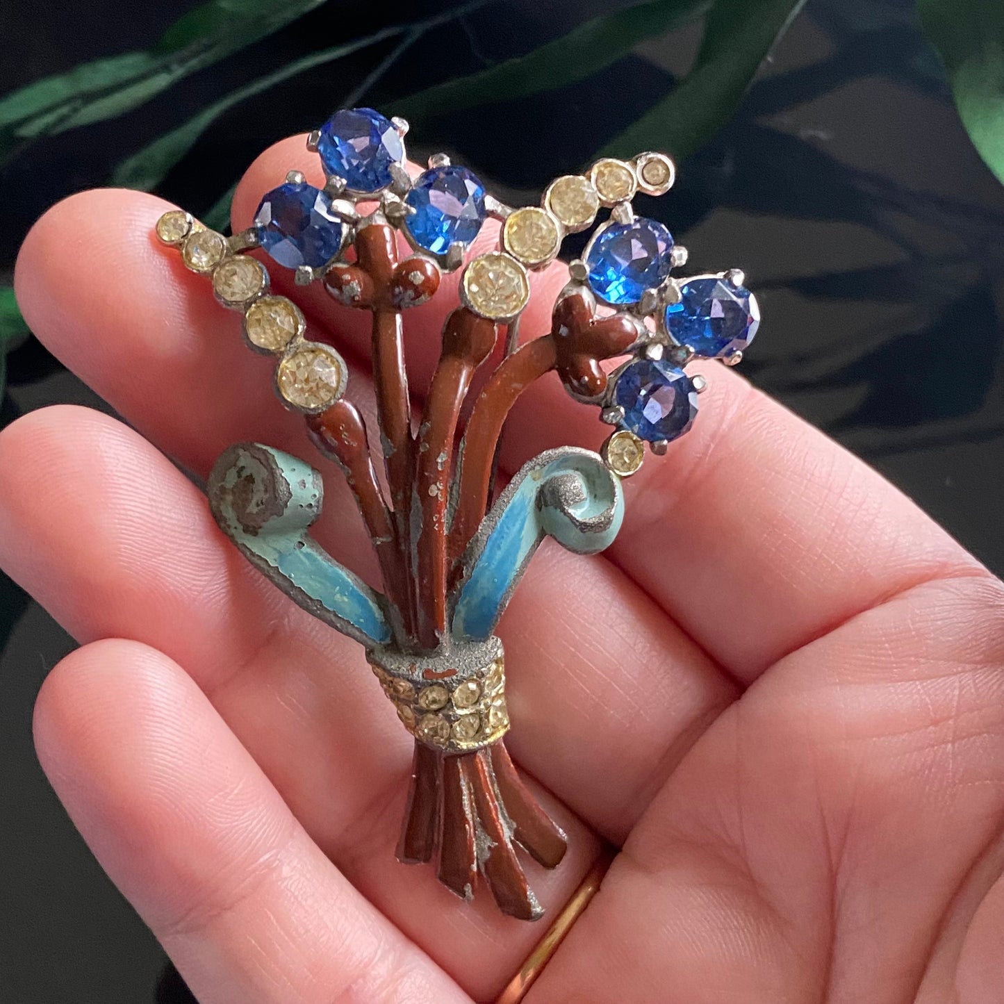 Retro Vintage 1940s Pot Metal Blue & Brown Enamel Rhinestone Flower Spray Brooch