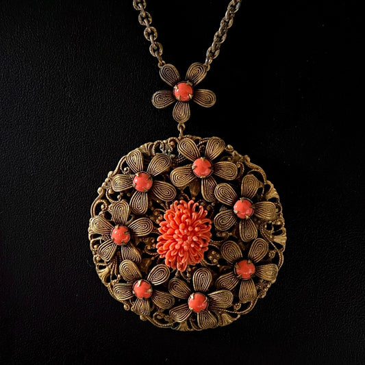 Vintage Art Deco Coral Celluloid Czech Brass Flower Filigree Pendant Necklace