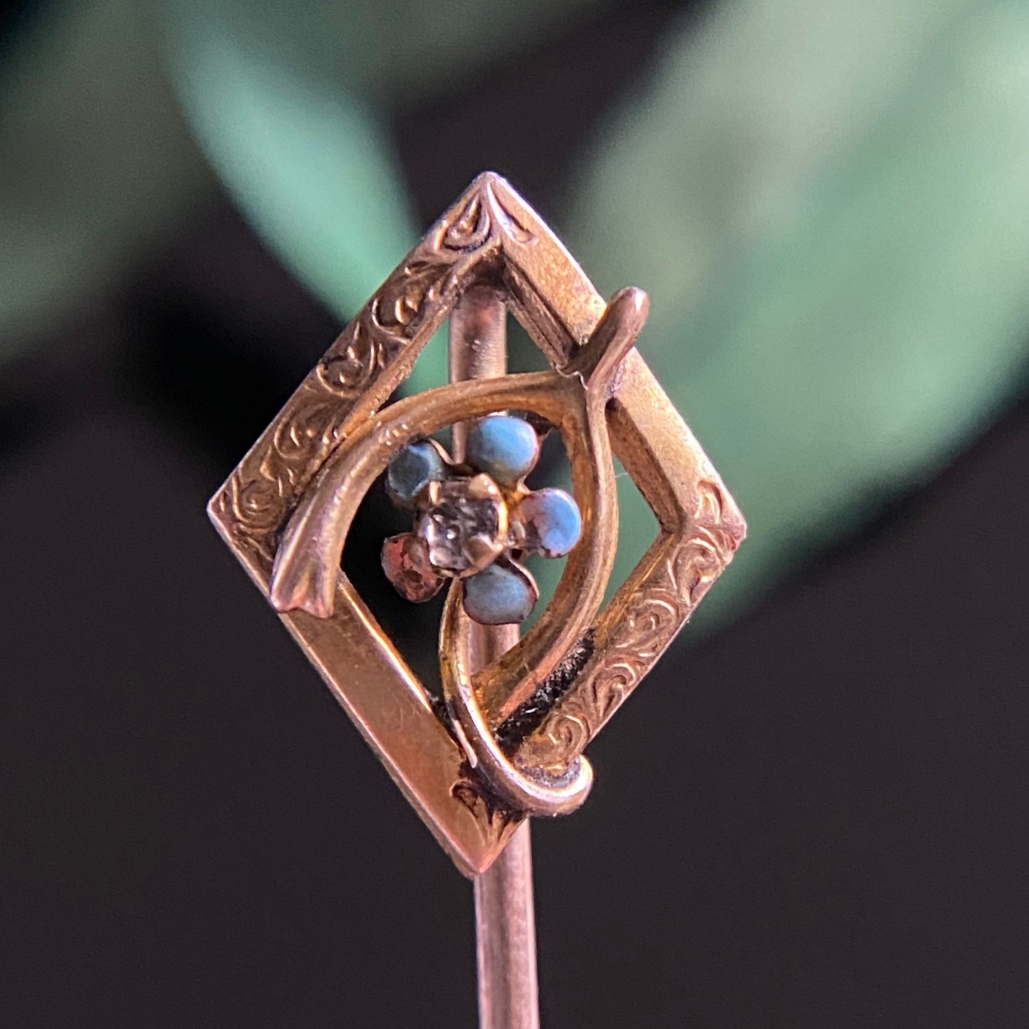 Antique Turquoise Enamel Flower Wishbone Stickpin