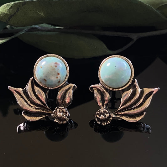 Vintage Turquoise Robin Egg Glass Flower Motif Screwback Earrings