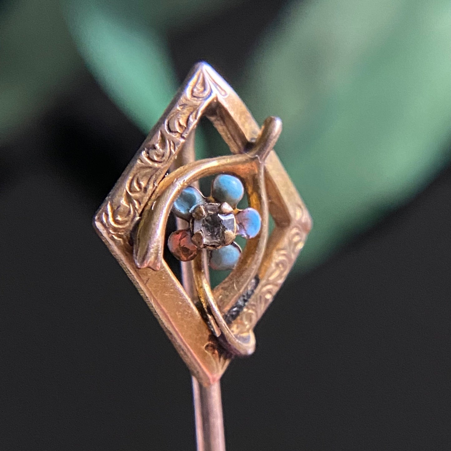 Antique Turquoise Enamel Flower Wishbone Stickpin