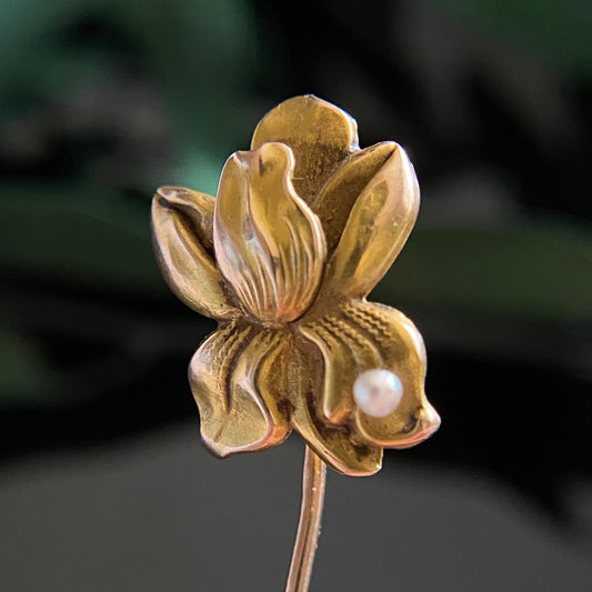 Antique 10k Gold Art Nouveau Pearl Flower Stick Pin