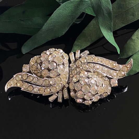 Vintage Round & Baguette Rhinestone Floral Clip Duette Brooch