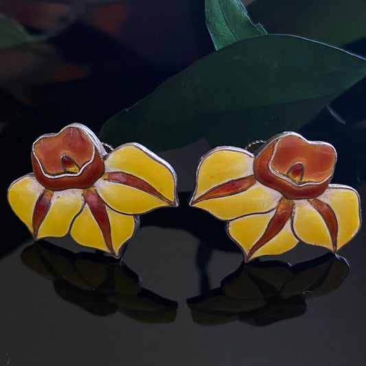 Vintage Sterling Silver Yellow Orange Cloisonne Enamel Flower Screw Back Earrings