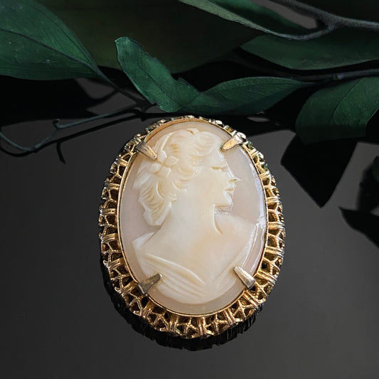 Vintage Genuine Shell Cameo Oval Filigree Pin Brooch