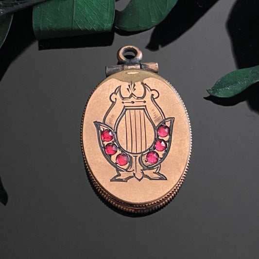 Antique Victorian Gold Filled Pink Paste Lyre Oval Fob Locket