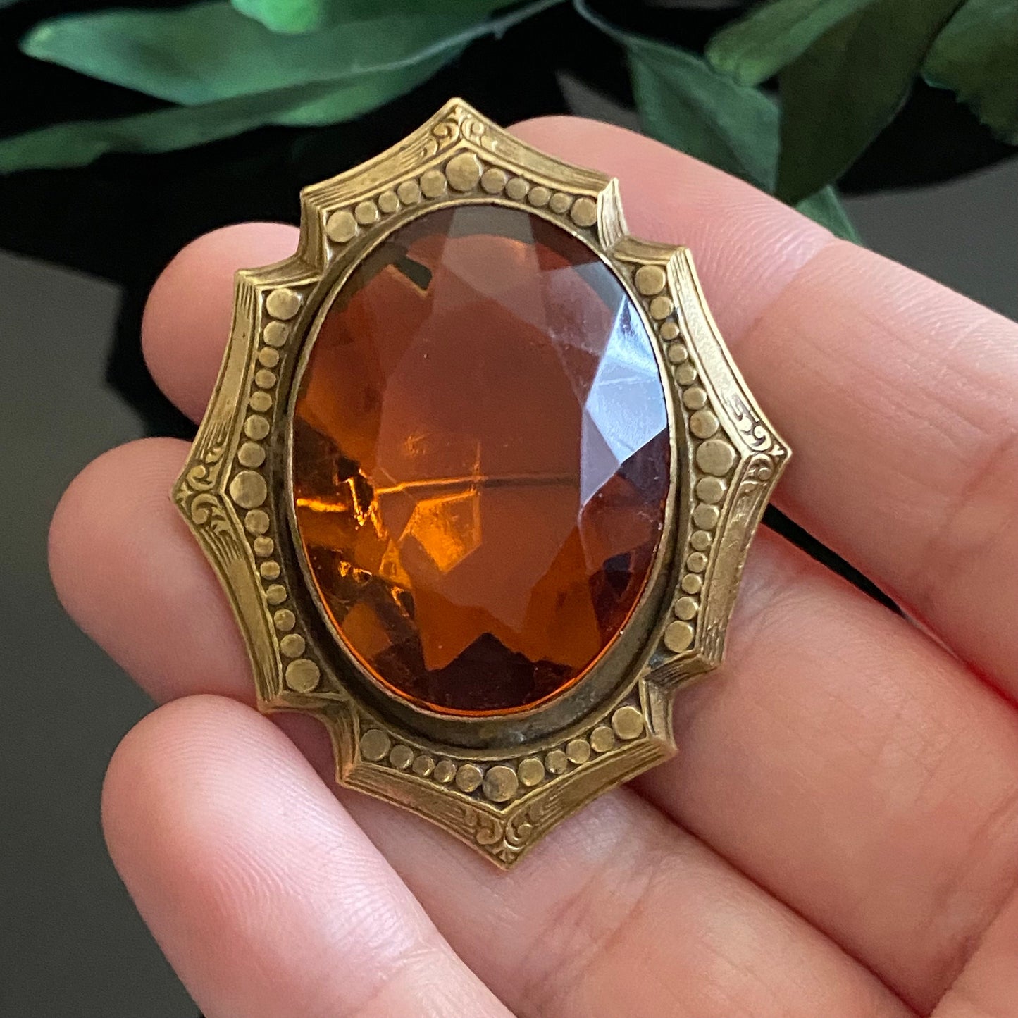 Vintage Art Deco Oval Topaz Orange Czech Glass Brooch