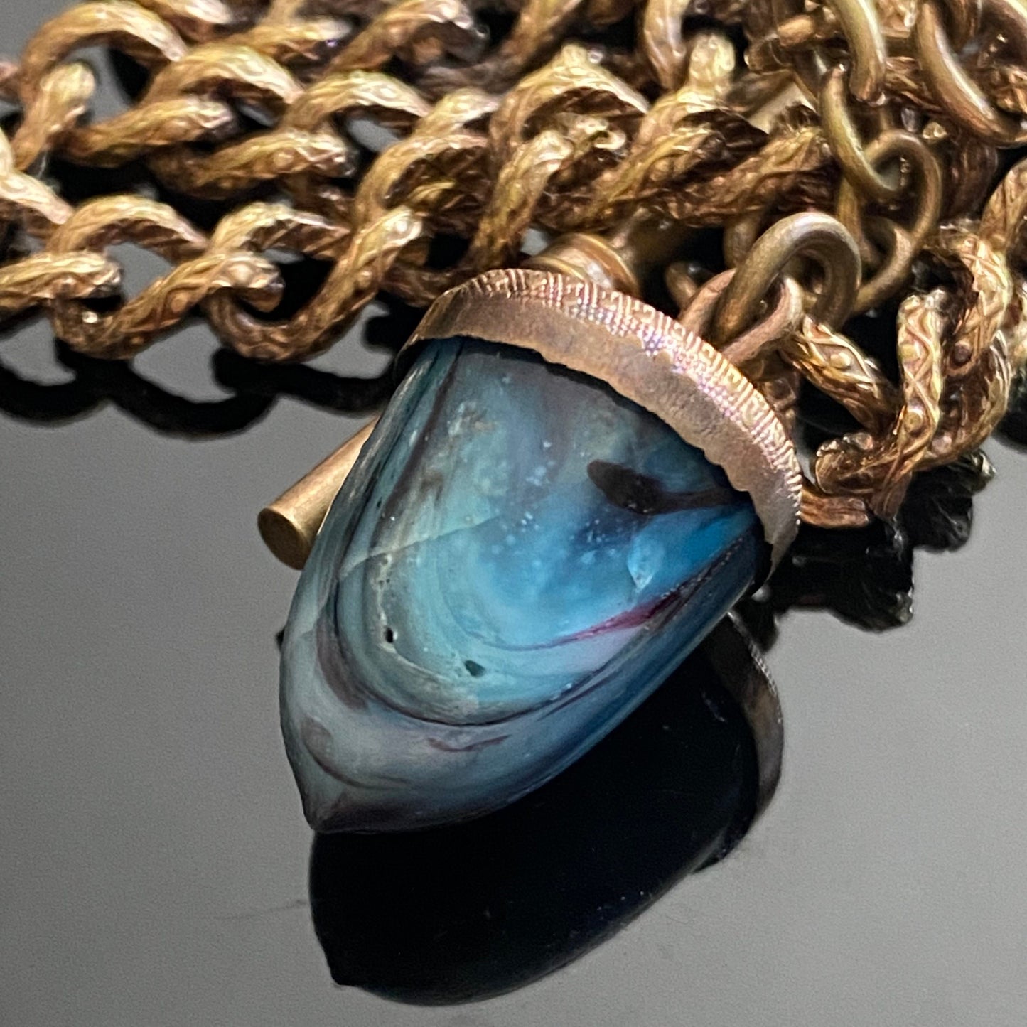 Antique Victorian Gold Filled Watch Chain With Blue Art Glass Acorn Fob Charm