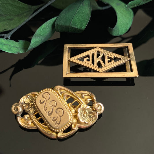 Antique Jewelry Lot | Two Gold Filled Monogram Buckle Slides for Ribbon Watch Fobs