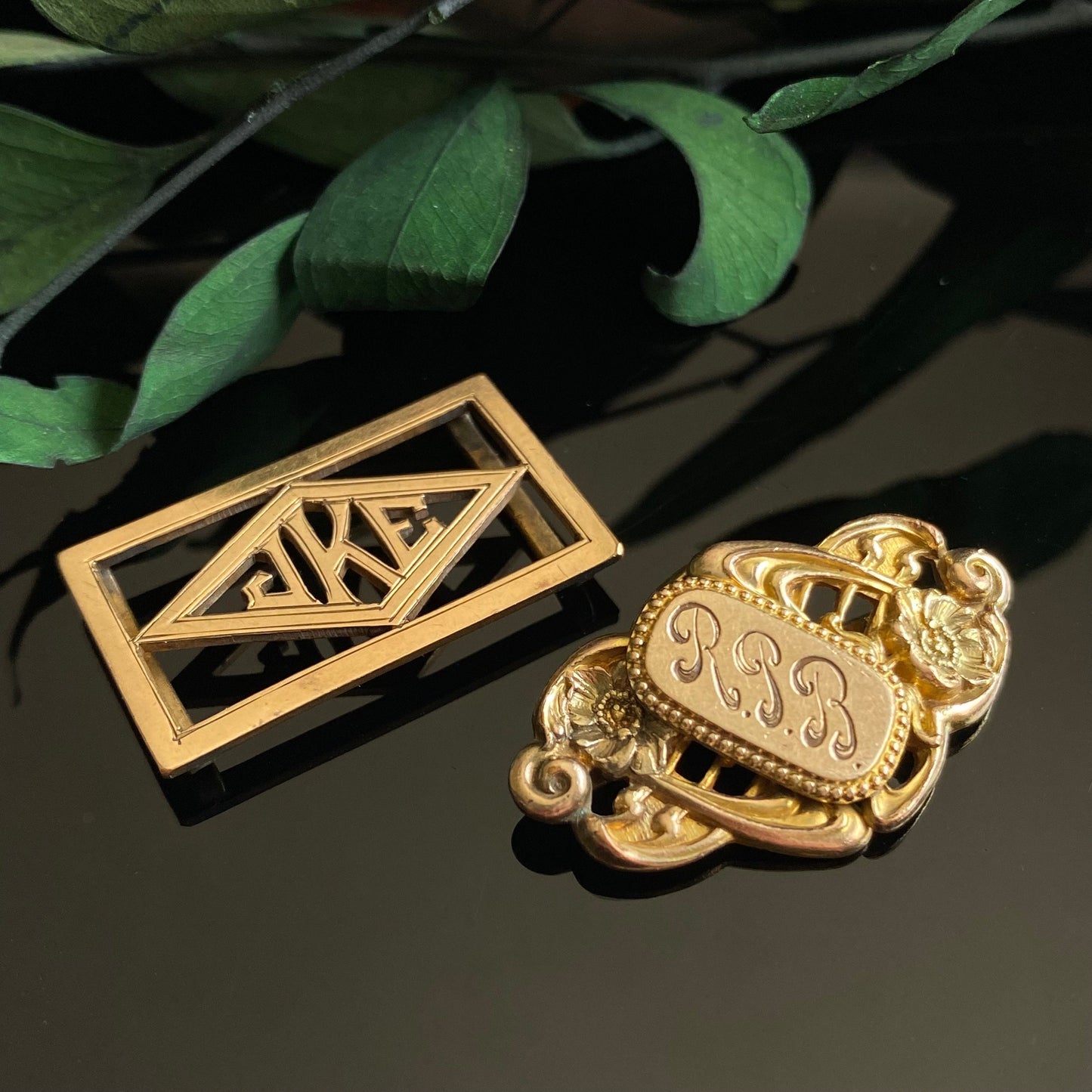 Antique Jewelry Lot | Two Gold Filled Monogram Buckle Slides for Ribbon Watch Fobs