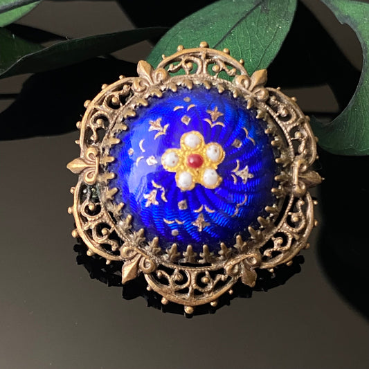 Victorian Blue Guilloche Enamel Flower Brooch