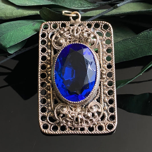 Vintage Art Deco Blue Czech Glass Filigree Pendant | AS IS