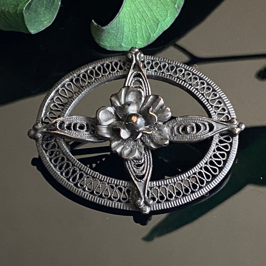 Antique Black Floral Filigree Pin Brooch