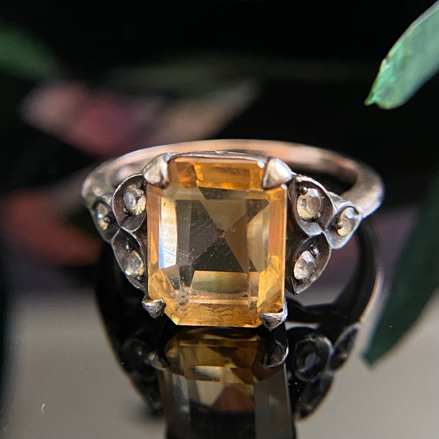 Antique 9k Gold Sterling Silver Top Citrine & Rock Crystal Quartz Ring Size 6.5