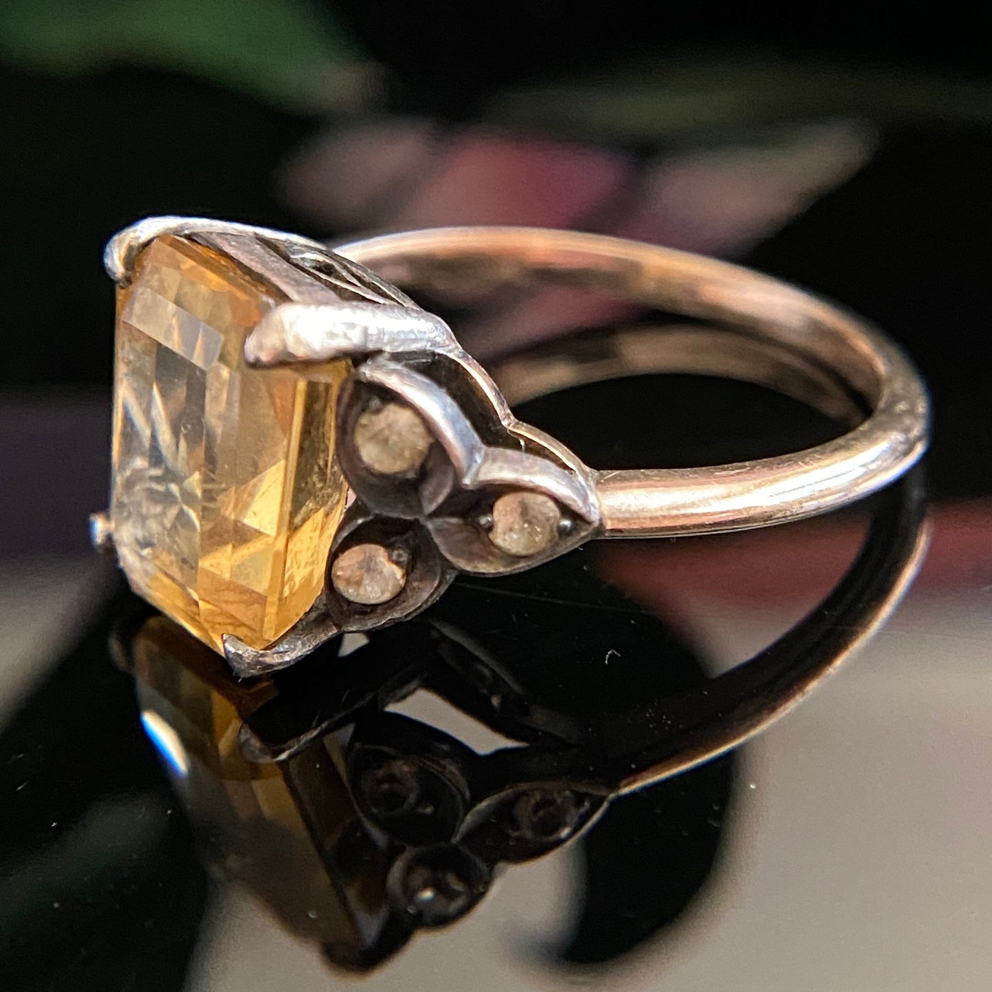 Antique 9k Gold Sterling Silver Top Citrine & Rock Crystal Quartz Ring Size 6.5