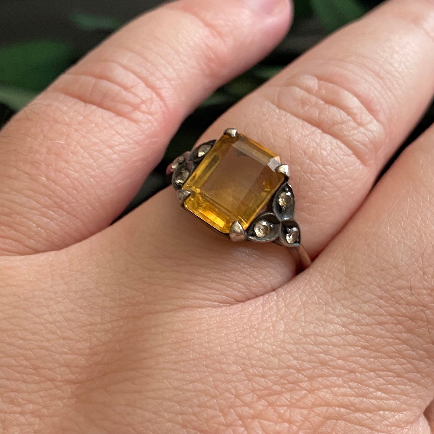 Antique 9k Gold Sterling Silver Top Citrine & Rock Crystal Quartz Ring Size 6.5