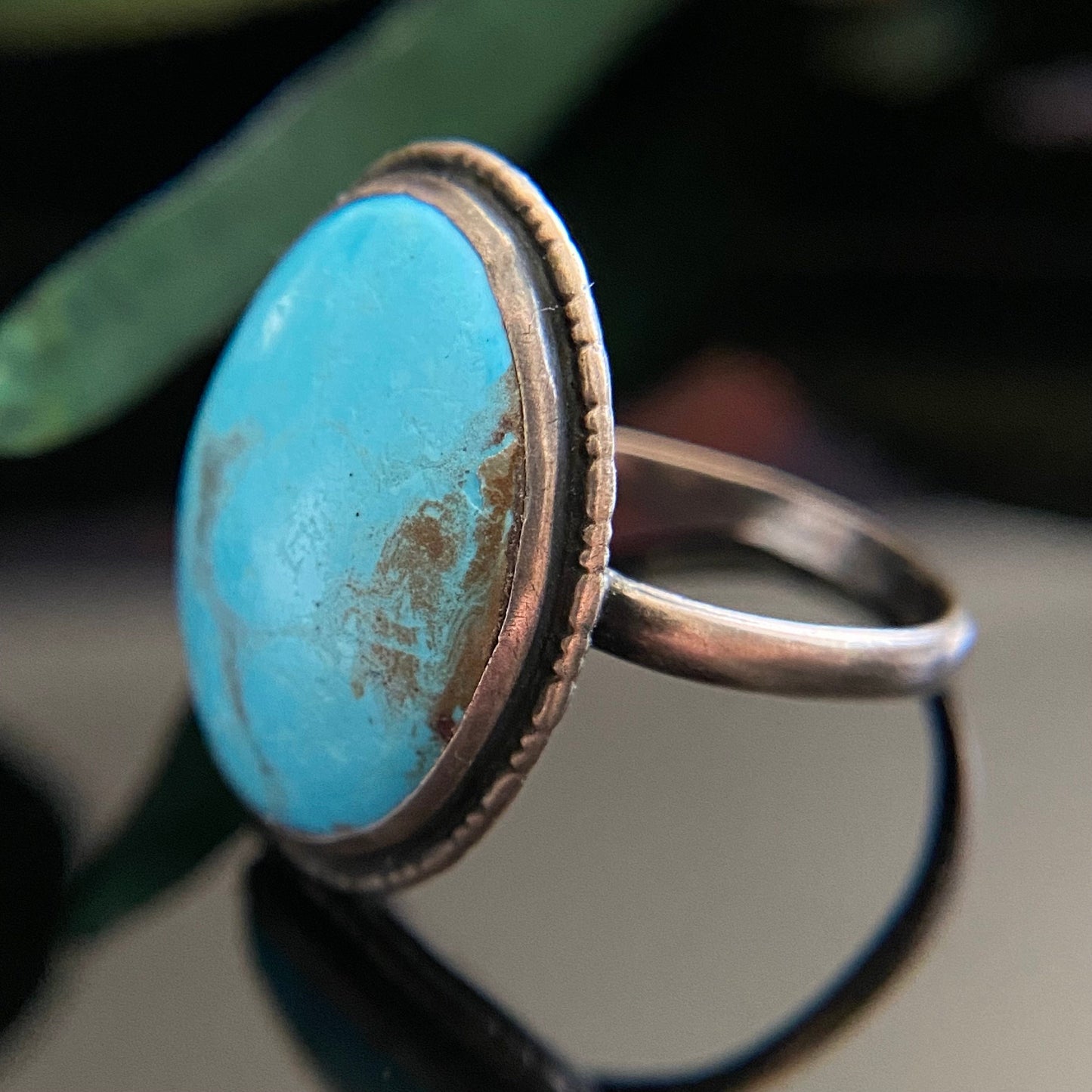 Antique Art Deco Sterling Turquoise Blue Faience Cabochon Ring Size 7.75