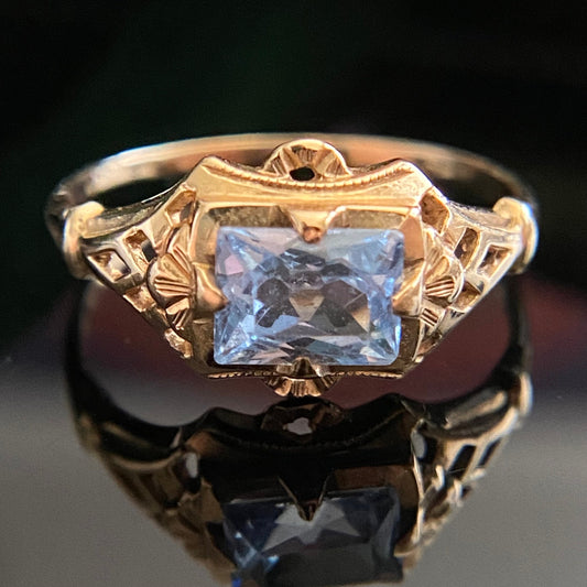 Vintage Light Blue Lab Spinel Baguette Filigree Ring Size 6.5