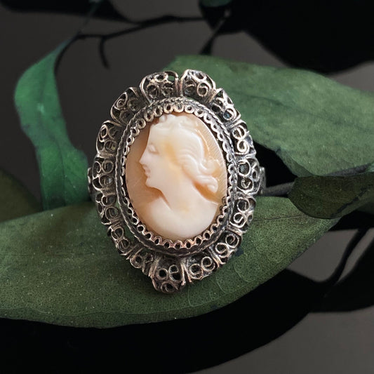 Antique Shell Cameo Sterling Silver Filigree Ring Size 10