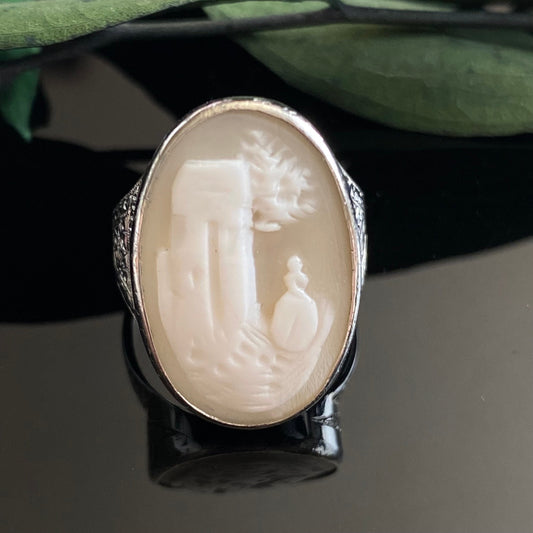 Antique 18k White Gold Rebecca at the Well Shell Cameo Ring | Size 7